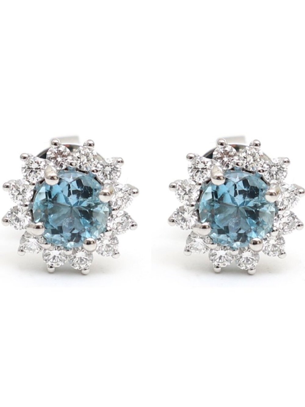 Aquamarine Floral Halo 18K Natural Diamond White Gold Stud Earrings